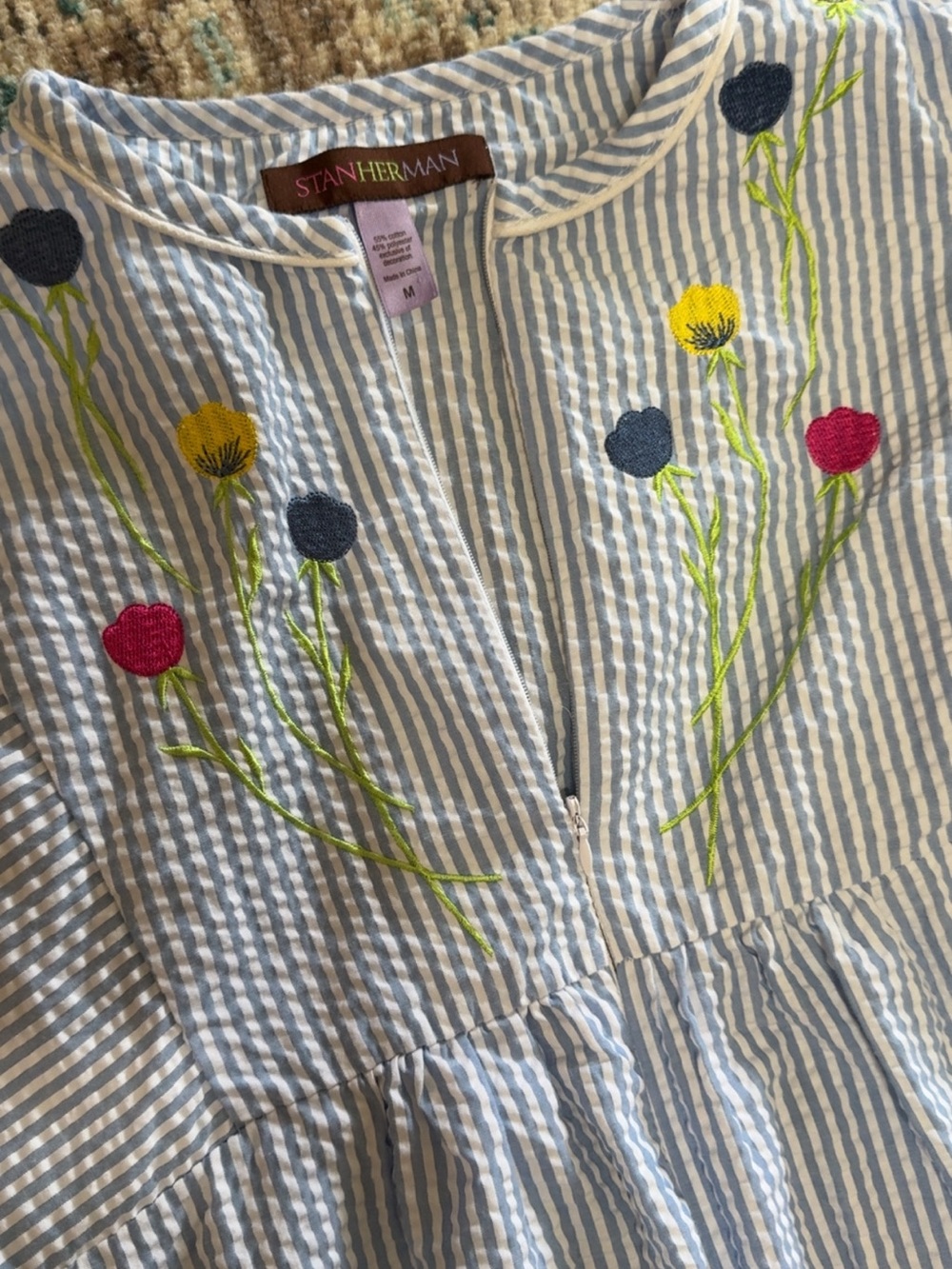STAN HERMAN Blue & White Striped Embroidered robe
